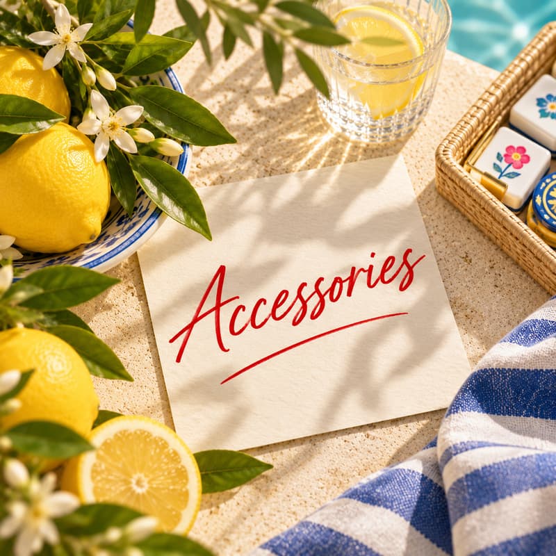 A card reading “Accessories” beside a rattan box of mahjong tiles, lemons, and a striped napkin