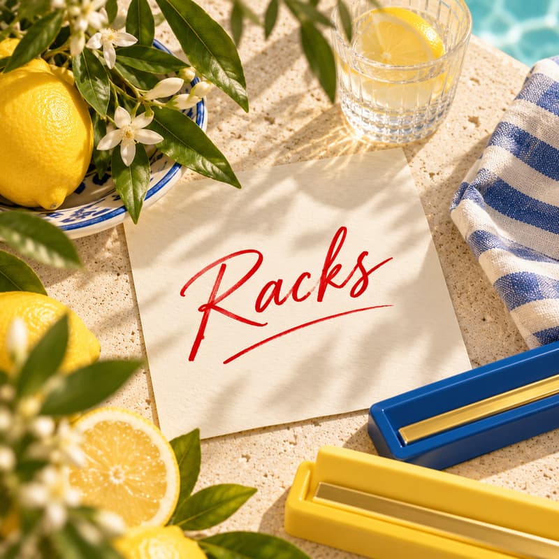 A card reading “Racks” beside blue and lemon-yellow mahjong racks, lemons, and lemonade