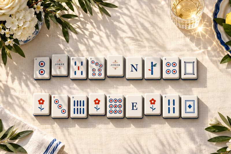 Two rows of mahjong tiles on a sunny table with white roses, lemons, and a glass of lemonade