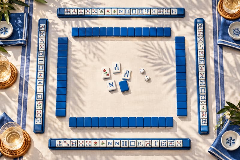 A mahjong table seen from above, with four blue racks, the wall, dice, and drinks at each seat