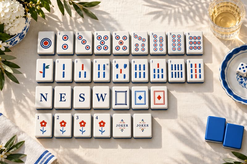 Mahjong tiles arranged by suit, with winds, dragons, flowers, and jokers, on a sunny table