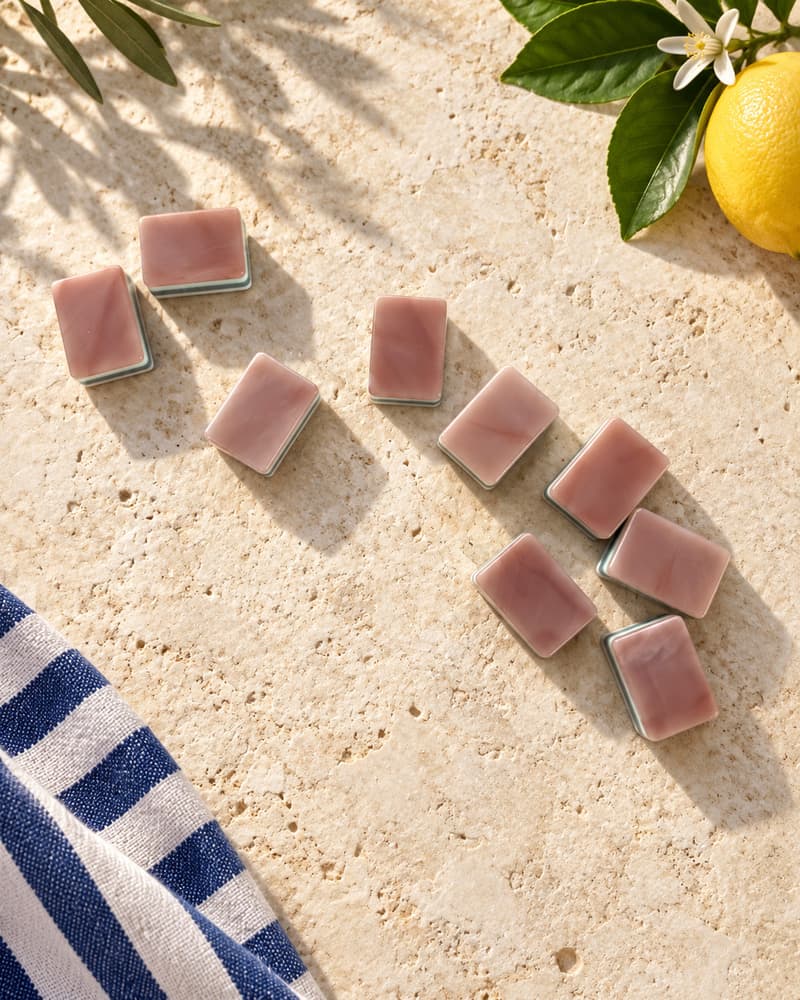 Dolce Vita Set tiles with rosy marbled backs scattered on a sunny stone table
