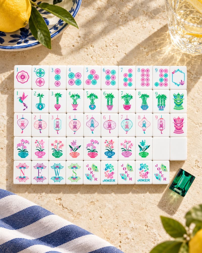The Giardino Set laid out in rows on a sunny stone table, with pink and green garden faces