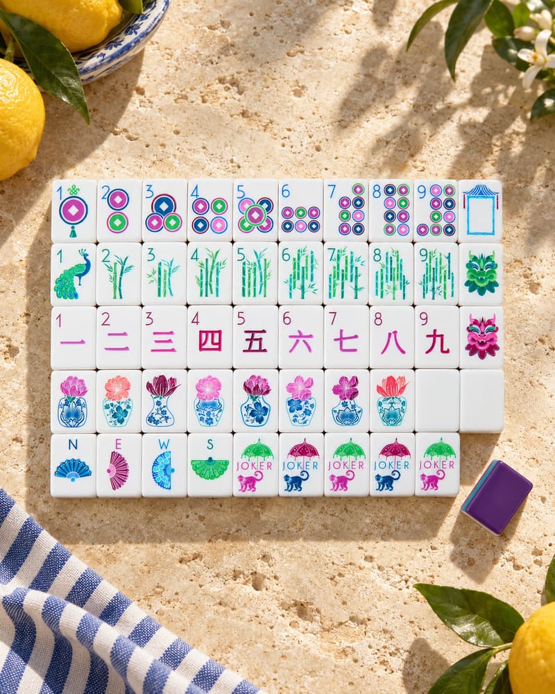 The Lavanda Set laid out in rows on a sunny stone table, with magenta and green faces