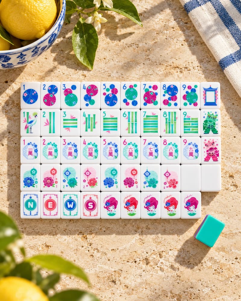 The Lido Set laid out in rows on a sunny stone table, with bright umbrella and floral faces