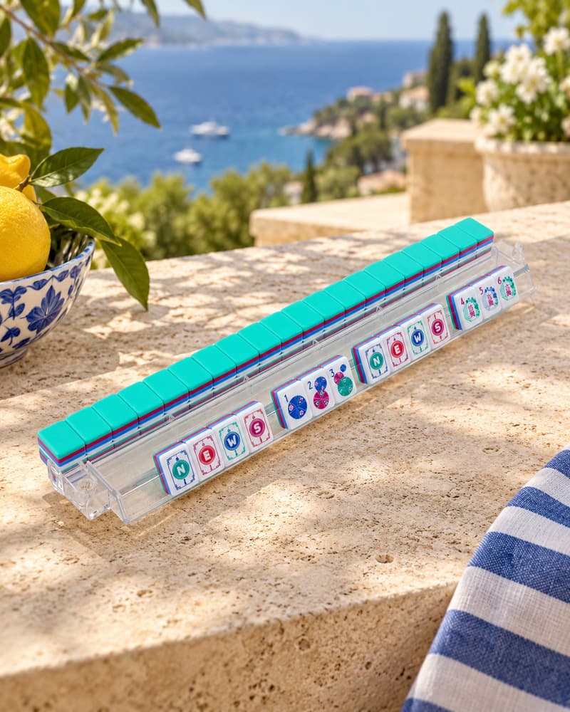 Lido Set tiles with aqua backs standing in an acrylic rack by the sea