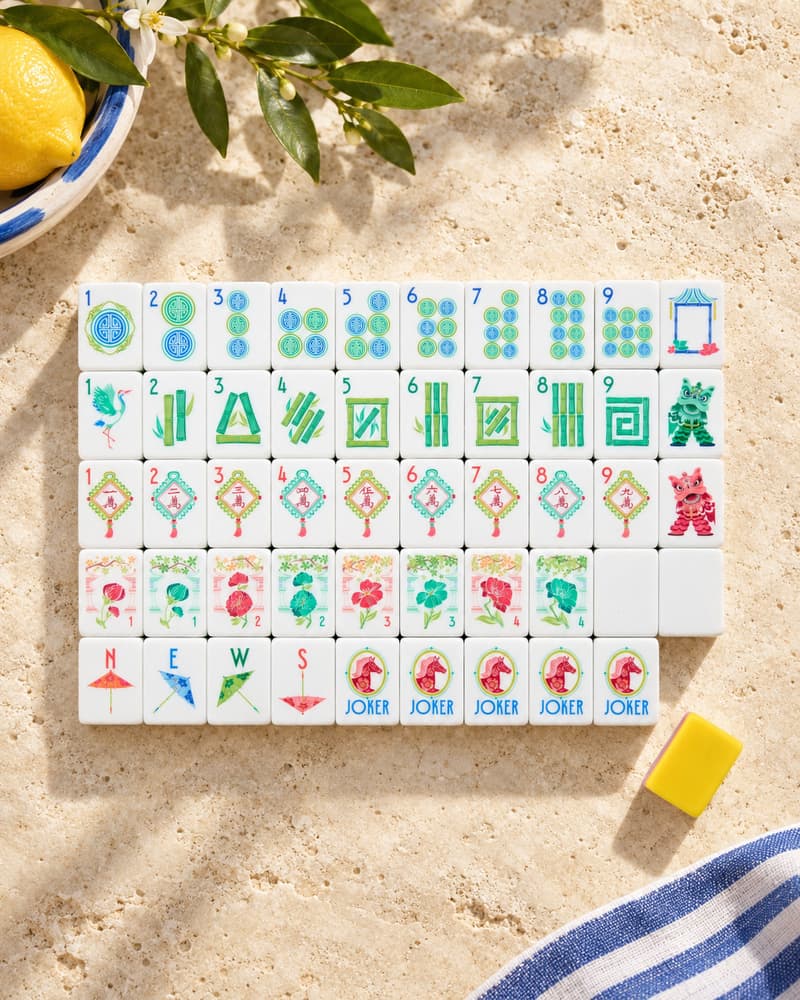 The Limone Set laid out in rows on a sunny stone table, with lemon-yellow tile backs