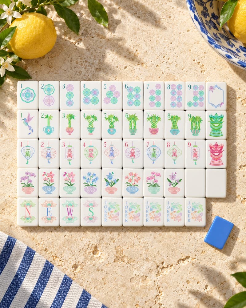The Mykonos Set laid out in rows on a sunny stone table, with soft lilac, mint and pink faces