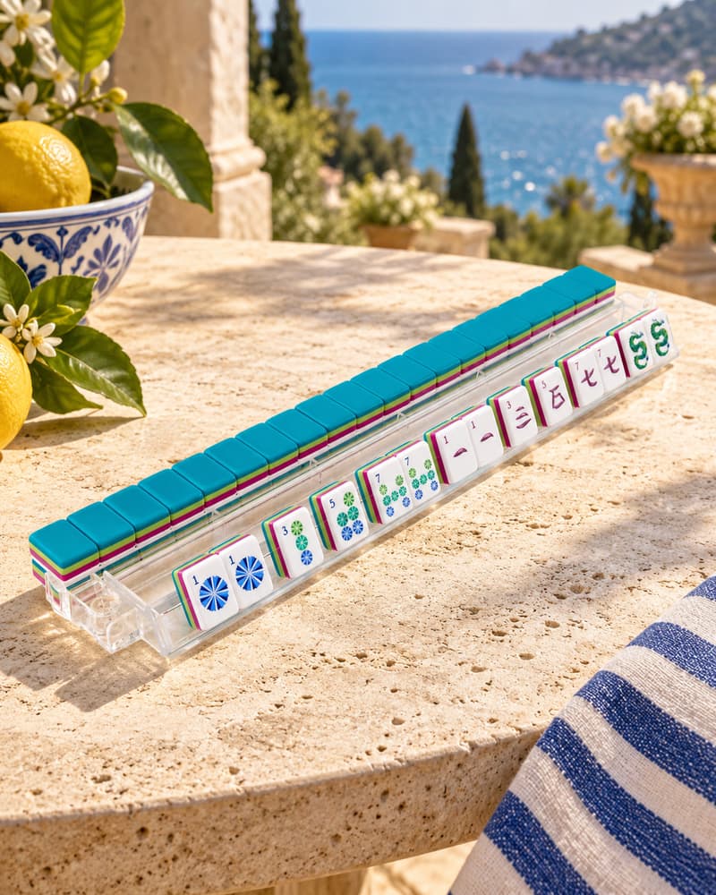 Portofino Set tiles with teal backs standing in an acrylic rack by the sea