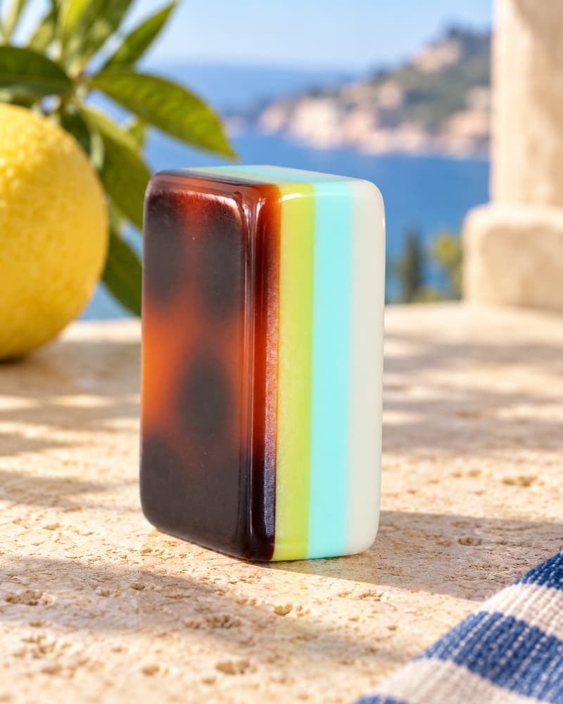 A Seaglass Set tile with aqua and lime layered edges on a terrace above the sea