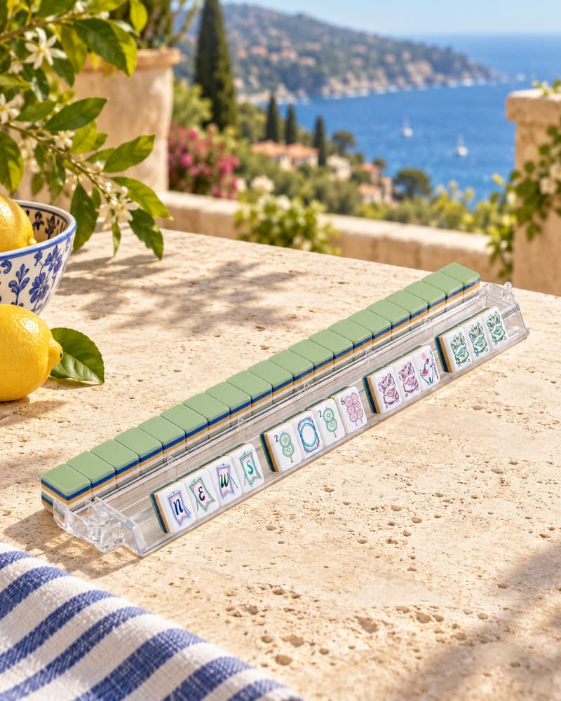 Terrazza Set tiles with sage backs standing in an acrylic rack by the sea